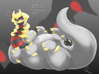 anus black_sclera buttplug female feral genitals happy heart_symbol looking_at_viewer lying master open_mouth ownership plug_(sex_toy) red_eyes sex_toy simple_background solo submissive submissive_female tail text tongue tongue_out vulva dengon mythology nintendo pokemon altered_forme_giratina dragon generation_4_pokemon giratina legendary_pokemon mythological_creature mythological_scalie pokemon_(species) scalie 4:3 english_text hi_res