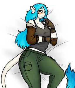 anthro bed blue_eyes blue_hair blush bottomwear clothed clothing female furniture gloves hair handwear jacket looking_at_viewer on_bed pants shirt solo tail tail_tuft topwear tuft undershirt whiskers kawattame voices_of_the_void esraniki alien ariral felid feline mammal colored digital_drawing_(artwork) digital_media_(artwork)