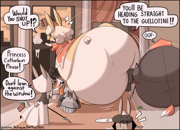 anthro armor belly big_belly big_butt butt clothing female group huge_butt hyper inside monobutt overweight speech_bubble text underwear maddeku arabel_(maddeku) canid canine fox lagomorph leporid mammal rabbit 2025 absurd_res english_text hi_res