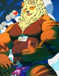 2024 abs absurd_res alolan_exeggutor alolan_form anthro anthrofied arcanine barazoku biceps big_bulge big_muscles body_hair bulge canid canine claws clothed clothing cloud day duo english_text eyebrows fur generation_1_pokemon generation_7_pokemon gesture goldyne hand_gesture happy_trail heart_symbol hi_res huge_muscles looking_at_viewer male mammal mane muscular muscular_anthro muscular_male name_tag navel nintendo open_mouth open_smile outside palm_tree pecs plant pokemon pokemon_(species) pokemorph pubes regional_form_(pokemon) sky smile solo_focus speedo swimwear teeth text thick_thighs thumbs_up tongue topless topless_anthro topless_male tree tuft zhangkuu