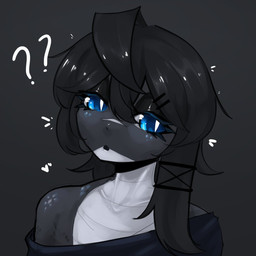 ahoge black_body black_clothing black_hair black_makeup black_scales blue_eyes blush clothed clothing confusion countershade_scales countershading emanata eyebrows eyeshadow female grey_background grey_body grey_scales hair long_hair looking_at_viewer makeup multicolored_body off_shoulder open_mouth pupils question_mark scales shirt simple_background slit_pupils solo topwear two_tone_body white_body atsuko_021 reptile scalie snake 1:1 hi_res portrait