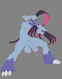 abs athletic athletic_male balls big_claws big_penis black_nose claws foreskin fur genitals male penis pink_eyes purple_body purple_fur saggy_balls samuel_(sneasler) simple_background small_tail smile smiling_at_viewer smirk smirking_at_viewer solo tail toxic_cum vein veiny_penis mxsb_(artist) nintendo pokemon generation_8_pokemon pokemon_(species) sneasler hi_res