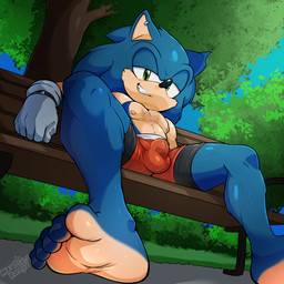 anthro bench blue_body bulge clothing detailed_bulge dutch_angle ear_piercing feet gloves green_eyes handwear looking_at_viewer low-angle_view male nipple_piercing nipples outside park park_bench piercing plant shirtless_male shrub sitting sky smile soles solo teeth toes tree marketablebunny sega sonic_the_hedgehog_(series) eulipotyphlan hedgehog mammal 1:1 absurd_res hi_res