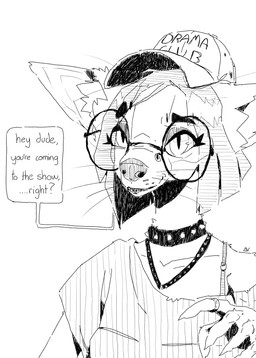 anthro clothing collar eyeshadow eyewear female glasses hair hat headgear headwear makeup ring solo speech_bubble spiked_collar spikes text whiskers deltav canid canine mammal english_text hi_res monochrome