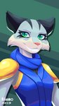 anthro black_ears blue_clothing blue_topwear breasts clothed clothing countershade_face countershading eyelashes female fur green_eyes grey_body grey_fur pink_nose solo topwear nifaumo brawlhalla asuri_(brawlhalla) felid mammal pantherine tiger 4k 9:16 absurd_res artist_name dated half-length_portrait hi_res portrait signature