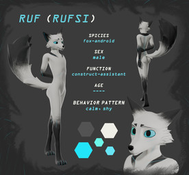 anthro black_body black_fur black_nose blue_eyes butt fur male no_sclera slim solo tail text white_body white_fur rufsi canid canine fox mammal 3d_(artwork) absurd_res digital_media_(artwork) english_text hi_res model_sheet