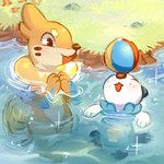 2018 ambiguous_gender anthro ball black_nose blue_body brown_body brown_eyes buizel day digital_media_(artwork) duo eyes_closed fin flavia-elric flower generation_4_pokemon generation_5_pokemon grass hands_together hi_res motion_lines nintendo open_mouth open_smile oshawott outside partially_submerged paws plant pokemon pokemon_(species) rock shell smile standing tail tail_motion tailwag tongue water white_body white_sclera