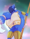 anthro big_butt bigdon1992 blue_body blue_fur blue_hair bottomwear breasts butt butt_focus canid canine clothed clothing digital_media_(artwork) female fox fur hair hi_res huge_butt krystal_(star_fox) loincloth low-angle_view mammal nintendo rear_view solo star_fox thick_thighs white_body white_fur