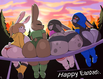 anthro big_breasts big_butt bottomwear breasts butt clothed clothing female femboy freckled_butt freckles group holidays huge_breasts huge_butt lineup male markings pose presenting presenting_hindquarters sitting spots spotted_body undersized_bottomwear undersized_clothing katzenart easter furdoom avery_(katzenart) daisy_(katzenart) stella_(katzenart) woods_(katzenart) demon lagomorph leporid mammal rabbit hi_res pinup