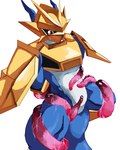 anthro armor blue_body blush bottomless clothed clothing gold_(metal) gold_armor male muscular red_eyes restrained restrained_by_tentacles solo tentacles byshz2000 bandai_namco digimon digimon_(species) magnamon hi_res