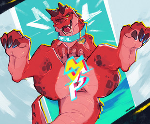 anus backsack balls butt claws collar collar_only feral genitals horn looking_at_viewer lying male nude on_back one_eye_closed open_mouth presenting presenting_hindquarters red_body semi-anthro smile smiling_at_viewer solo wink yellow_eyes ravan marvel marvel_rivals moon_girl_and_devil_dinosaur devil_dinosaur_(moon_girl_and_devil_dinosaur) dinosaur prehistoric_species reptile scalie absurd_res censored hi_res