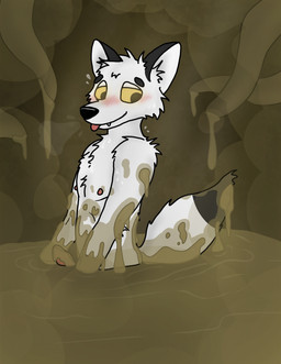 anthro blush feces feces_everywhere feces_on_body feces_on_hand feces_on_penis fur genitals inner_ear_fluff latrine male nipples penis side_view solo standing tentacles tongue tongue_out tuft white_body white_fur yellow_eyes boundtobemessy arctic_wolf canid canine canis mammal wolf 2023 hi_res