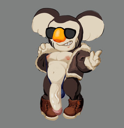 4_fingers anthro ball_bra big_ears big_muscles big_nose big_pecs boots brown_body brown_boots brown_clothing brown_footwear brown_fur brown_jacket brown_topwear circumcised clothed clothing eyewear fingers footwear fur genitals grey_background humanoid_genitalia humanoid_penis jacket male muscular mutton_chops navel nipples open_clothing open_jacket open_topwear pecs penis pink_nipples round_ears shoes simple_background smile solo sunglasses topwear vein veiny_penis wearing_sunglasses pec_ra animal_crossing nintendo eugene_(animal_crossing) koala mammal marsupial vombatiform 2023 english_description hi_res