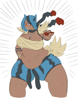 angry bandeau belt big_breasts biped black_highlights black_nails blue_hair bottomwear breasts cellulite chest_wraps cleavage clothed clothing colored_nails cross-popping_vein dark_body dark_skin ear_scar facial_markings female fingerless_gloves front_view frown gesture gloves hair hand_gesture hand_on_hip handwear head_markings highlights_(coloring) humanoidized jewelry love_handles markings muffin_top nails navel necklace overweight overweight_female overweight_humanoid pointing pointing_at_viewer pose red_eyes scar scarf sharp_nails shorts simple_background solo standing tail thick_thighs topwear white_background wraps princessofsmut nintendo pokemon animal_humanoid canid canid_humanoid canine canine_humanoid generation_6_pokemon humanoid mammal mammal_humanoid mega_evolution mega_lucario pokemon_(species) pokemon_humanoid 2023 absurd_res alternate_version_at_source digital_drawing_(artwork) digital_media_(artwork) hi_res portrait three-quarter_portrait