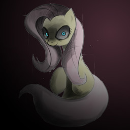 blue_eyes dark evil_grin female feral fur gradient_background hair hooves looking_at_viewer pink_hair raised_hoof simple_background smile solo yellow_body yellow_fur lazymcscetcherson friendship_is_magic hasbro my_little_pony fluttershy_(mlp) equid equine horse mammal pony 1:1