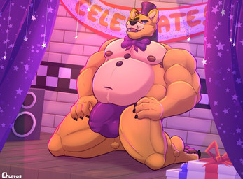 alternate_species anthro armpit_hair banner barazoku barefoot belly biceps big_belly big_bulge big_muscles body_hair bow_tie bulge claws clothed clothing curtains detailed_bulge eyebrows feet fur furrification hat headgear headwear inside kneeling looking_at_viewer male musclegut muscular muscular_anthro muscular_male navel nipples open_mouth open_smile overweight overweight_anthro overweight_male pecs smile solo stage text thick_thighs thong thong_only top_hat topless topless_anthro topless_male tuft underwear underwear_only churrosolixoso five_nights_at_freddy's scottgames fredbear_(fnaf) bear mammal 2023 alternate_version_at_paywall english_text hi_res signature