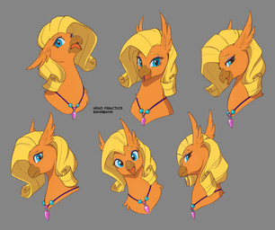 anthro beak blonde_hair blue_eyes eyelashes eyeshadow female grey_background hair jewelry long_eyelashes long_hair looking_at_viewer makeup necklace open_beak open_mouth orange_body purple_eyeshadow simple_background solo bahnbahn european_mythology greek_mythology mythology belle_de_mer fan_character avian hippogriff mythological_avian mythological_creature absurd_res hi_res