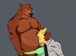 anthro belly brown_body brown_fur bulge clothed clothing duo eyes_closed fur grey_background looking_down male male/male necktie nipples overweight simple_background topless boarball bear canid canine mammal hi_res