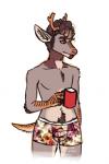 anthro antlers beverage biped body_hair boxer_briefs brown_hair bulge clothed clothing coffee food fur grey_body grey_fur hair happy_trail holding_object horn male navel red_eyes simple_background solo standing topless underwear white_background canned_(artist) mythology deer dragon hybrid mammal mythological_creature mythological_scalie scalie 2015 2:3