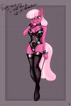 anthro black_clothing black_legwear black_stockings bodysuit clothing cuff_(restraint) dominatrix female fetish_wear green_eyes hair handcuffs latex latex_clothing latex_skinsuit legwear metal_cuffs pink_body pink_hair restraints rubber_clothing skinsuit solo stockings teacher tight_clothing furrytan friendship_is_magic hasbro my_little_pony cheerilee_(mlp) equid equine mammal 2:3 full-length_portrait hi_res portrait