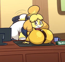 anthro big_breasts big_diaper black_eyes bottomwear bow_ribbon breasts chair clothed clothing clothing_lift computer container cup desk diaper electronics female fluffy fluffy_tail fur furniture hands_on_desk huge_breasts huge_diaper leaning leaning_forward legwear looking_at_viewer mug office_chair skirt skirt_lift smile solo stockings table tail tail_motion tailwag white_body white_fur yellow_body yellow_fur dummydoodles animal_crossing nintendo isabelle_(animal_crossing) canid canine canis domestic_dog mammal shih_tzu toy_dog hi_res