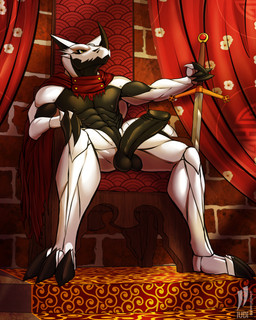 3_fingers 3_toes abs anthro cape chair clothing feet fingers foreskin furniture genitals horn humanoid_genitalia humanoid_penis male manly melee_weapon muscular nipples penis retracted_foreskin sitting solo sword throne toes weapon iudicium86 bandai_namco digimon digimon_(species) hackmon 4:5 hi_res