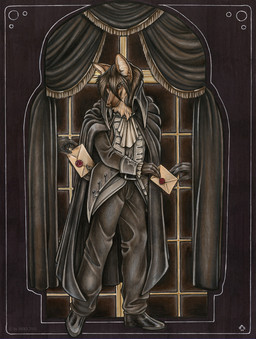 anthro biped bottomwear brown_body brown_fur brown_hair cape clothed clothing coat curtains disembodied_hand envelope footwear fully_clothed fur gloves group hair handwear holding_object looking_at_viewer male pants shoes smile solo_focus standing topwear bloodhound_omega conditional_dnp canid canine canis domestic_dog mammal 2011 detailed full-length_portrait portrait
