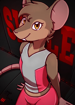 anthro black_background bottomwear brown_body brown_fur brown_hair clothing female fur grey_clothing hair multicolored_body multicolored_clothing multicolored_fur name_drop pants pink_tail rat_ears rat_tail red_clothing shirt simple_background sitting smile smiling_at_viewer solo tail teeth topwear two_tone_body two_tone_clothing two_tone_fur yellow_eyes kitfox-crimson in_our_shadow shale_(kitfox-crimson) mammal murid murine rat rodent hi_res watermark