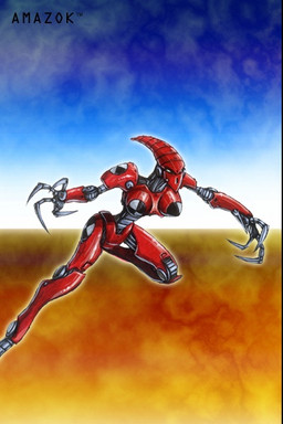 4_fingers abstract_background amazok_(imp) attack_pose big_breasts breasts claws exposed_machinery female finger_claws fingers glistening glistening_body idol_fx machine mechanical_arm mechanical_body mechanical_claw mechanical_leg mouthless pointed_head red_body rivets secchi_disk segmented_head small_waist solo wide_hips johan_egerkrans humanoid imp robot robot_humanoid official_art