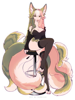 anthro clothing female fluffy fluffy_tail green_eyes green_hair hair legwear long_ears long_hair long_tail multi_tail multicolored_hair multicolored_tail piercing pink_hair pink_nose profanity smile solo split_hair stockings tail text conditional_dnp sadbitch canid canine fox mammal english_text hi_res