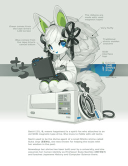 anthro asian_clothing cable claws clothing computer east_asian_clothing electronics female female_anthro finger_claws fluffy fur japanese_clothing kemono laptop machine magnetic_tape miko_outfit shrine_maiden solo tape_reel text white_body white_fur tyson_tan spirit_animals_in_disguise sachi_the_spirit_fox canid canine fox mammal absurd_res english_text hi_res