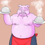 anthro apron belly blush clothing eyes_closed humanoid_hands male moobs navel nipples overweight overweight_anthro overweight_male pink_body simple_background solo bullbluedog domestic_pig mammal suid suina sus_(pig) 2019 hi_res