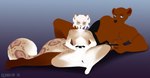 anthro brown_body brown_fur duo female fur gaming lying male male/female on_side reina. nafeon bear felid mammal pantherine snow_leopard 2018 hi_res