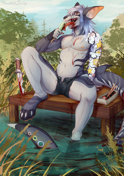 anthro arm_tattoo big_ears black_nails black_striped_tail blood blood_in_mouth blood_on_body blood_on_knife bodily_fluids bottomwear candy clothed clothing colored_nails dessert ear_piercing ear_ring food foot_in_water forest_background grey_body hair knife licking licking_ice_cream licking_lollipop lollipop male nails open_bottomwear open_clothing open_shorts orange_tongue pants piercing red_eyes ring_piercing shark_tail shorts solo sushi tattoo tongue water_background wet_paw white_hair skwerna_timido aquatic felid feline fish hybrid mammal shark hi_res