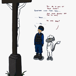 ambiguous_gender anthro boots bottomwear christian_cross christian_symbol clothing color_coded_text cross crucifix crucifixion dialogue duo footwear fur grass grey_body grey_skin head_tuft looking_up male plant question question_mark questioning religion religious_symbol shadow shoes shorts simple_background standing tail talking_to_another text topwear tuft uniform vest visor visor_helmet white_background white_body white_fur white_wool wool_(fur) yellow_eyes wikos christianity the_nature_of_predators jesus_christ alien human mammal venlil_(the_nature_of_predators) 1:1 colored hi_res