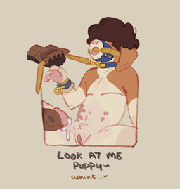 andromorph anthro belly_nipples big_ears bodily_fluids brown_body brown_fur brown_hair cuffs_(clothing) dialogue dialogue_outside_panel disembodied_hand disembodied_penis dripping duo fur fur_tuft gag gagged genital_fluids genitals hair hair_over_eyes intersex intersex/male leash leash_pull male mastectomy_scar multicolored_body multicolored_fur muzzle_(object) muzzled penis precum precum_drip raised_hand scar spread_legs spreading tan_body tan_fur text tuft two_tone_body two_tone_fur vulva shipupp shiloh_(shipupp) canid canine canis domestic_dog mammal absurd_res english_text hi_res shaded simple_shading