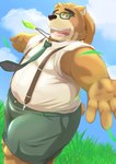 anthro belly big_belly bottomwear brown_body brown_fur clothing cloud eyewear fur glasses hat headgear headwear kemono male necktie outside overweight overweight_male shirt shorts solo straw_hat suspenders topwear nazebesu_hobby lifewonders tokyo_afterschool_summoners volos_(tas) bear mammal 2023 absurd_res hi_res