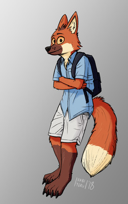 anthro backpack blue_clothing blue_shirt blue_topwear bottomwear clothed clothed_male clothing crossed_arms grey_bottomwear grey_clothing grey_shorts leaning looking_at_viewer male shirt shorts simple_background solo tail text topwear yellow_sclera habiyeru aggretsuko sanrio ookami_(aggretsuko) canid canine mammal maned_wolf 2018 artist_name dated