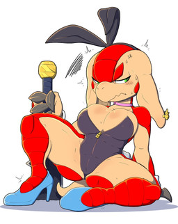 angry big_breasts black_clothing black_leotard blush breasts bunny_costume butt clothing costume ear_piercing ear_ring female leotard melee_weapon piercing playboy_bunny ring_piercing solo sword weapon meatboom arma's_quest arma_(arma's_quest) armadillo mammal xenarthran 2023 hi_res