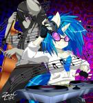 2015 anthro anthrofied black_hair blue_hair bow_(stringed_instrument) bowed_string_instrument cello clothing duo earth_pony electronics equid equine eyewear female fingerless_gloves friendship_is_magic fur glasses gloves grey_body grey_fur hair handwear hasbro headphones hi_res horn horse mammal multicolored_hair musical_instrument musical_note musical_symbol my_little_pony mythological_creature mythological_equine mythology octavia_(mlp) pony purple_eyes red_eyes string_instrument symbol turntable_(decks) two_tone_hair unicorn vinyl_scratch_(mlp) white_body white_fur zanclife