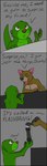 anthro biped brown_body brown_fur dialogue duo flashbang fur green_body green_fur holding_object humor open_mouth size_difference text misterpickleman misterpickleman_(character) mammal mustelid otter 2022 comic english_text hi_res