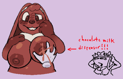 anthro areola big_breasts blush blush_lines blush_stickers bodily_fluids breast_grab breasts brown_areola brown_eyes brown_nipples brown_nose disembodied_hand eyelashes female floppy_ears front_view fur hand_on_breast lactating long_ears lop_ears neck_tuft nipple_dip nipple_outline nipples purple_background simple_background smile solo text tuft unusual_bodily_fluids unusual_lactation white_body white_fur fet7i blushcrunch_studio dandy's_world cocoa_(dandy's_world) lagomorph leporid mammal rabbit toon_(dandy's_world)