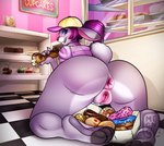 anthro anus bakery big_butt blue_eyes buckteeth butt cake claws clitoris clothed clothing cookie cotton_tail dessert detailed_background doughnut female food freckles genitals hair hat headgear headwear kneeling leaning leaning_forward looking_at_viewer looking_back partially_clothed pastry paws pink_pussy plump_labia presenting puffy_anus purple_hair pussy raised_tail solo tail teeth whiskers wide_hips megnog lagomorph leporid mammal rabbit 2022 absurd_res hi_res