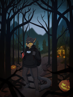anthro backpack black_body black_fur bottomwear brown_body brown_fur brown_inner_ear_fluff clothing denim denim_bottomwear denim_clothing digitigrade food fruit fur hoodie inner_ear_fluff jack-o'-lantern jeans looking_at_viewer male mountain mountain_range outdoor_background outside paint pants plant pumpkin solo spray_paint text text_on_clothing text_on_hoodie text_on_topwear toothy_grin topwear torn_bottomwear torn_clothing torn_jeans torn_pants tree tuft uwu yellow_eyes ryunwoofie domestic_cat felid feline felis mammal 2025 3:4 digital_drawing_(artwork) digital_media_(artwork) english_description hi_res