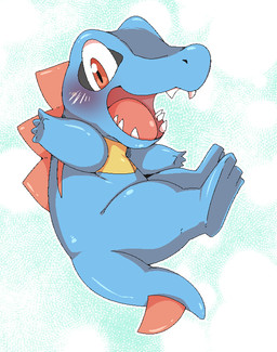 3_toes 5_fingers abstract_background ambiguous_gender back_spikes blue_body blush feet feral fingers looking_at_viewer open_mouth open_smile outline purple_blush red_eyes red_spikes red_tongue scales sharp_teeth smile snout solo spiked_tail spikes spikes_(anatomy) tail teeth toes tongue white_outline doneru nintendo pokemon generation_2_pokemon pokemon_(species) totodile 2017 aliasing cel_shading digital_drawing_(artwork) digital_media_(artwork) full-length_portrait portrait shaded