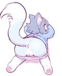 4_toes all_fours anthro anus ass_up blue_body blue_clothing blue_fur blue_hair blue_shirt blue_topwear bottomwear bottomwear_down butt clothed clothing feet female fur genitals hair kemono loli looking_at_viewer looking_back pants pants_down partially_clothed pawpads pussy raised_tail red_eyes shirt simple_background snout solo tail toes topwear tuft white_background young young_anthro young_female 3yo4yo5yo canid canine mammal 2020 hi_res