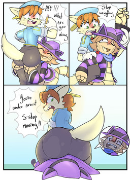 3_panel_comic angry anthro arresting backwards_hat big_butt blue_clothing blue_hat blue_headwear blue_shirt blue_topwear blue_uniform blush bodily_fluids bottom_heavy bottomwear brown_hair brown_nose butt butt_grab canon_x_oc cheek_tuft clothed clothed_anthro clothed_male clothing cross-popping_vein cute_fangs day dialogue duo facesitting facial_tuft fangs fingers fluffy fluffy_tail fur glistening glistening_bottomwear glistening_butt glistening_clothing glistening_eyes glistening_pants gloves green_eyes grey_bottomwear grey_clothing grey_pants grope hair hand_on_butt handwear hat headgear headwear interspecies jacket light male male/male male_on_bottom male_on_top necktie on_bottom on_top open_mouth outside pants police police_hat police_uniform red_necktie shirt short_hair sitting_on_another speech_bubble_reaction sunlight surprised sweat sweaty_butt tail tan_body tan_fur teeth text thick_thighs tongue topwear tuft uniform white_clothing white_gloves white_handwear witch_hat neko3240 cyberconnect2 little_tail_bronx tail_concerto fondue_(smegmagon) waffle_ryebread animate_inanimate canid canine caninu canis domestic_cat domestic_dog felid feline felis living_puppet mammal 2025 colored comic digital_drawing_(artwork) digital_media_(artwork) english_text hi_res shaded