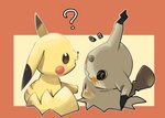 ambiguous_gender blush bodily_fluids dipstick_ears duo ear_markings feral flying_sweatdrops multicolored_ears open_mouth question_mark simple_background smile sweat sweatdrop yellow_body yajima nintendo pokemon generation_1_pokemon generation_7_pokemon mimikyu pikachu pokemon_(species) 2016 hi_res