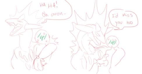 ambiguous_gender bodily_fluids duo laugh nervous pupils slit_pupils sweat unknown_artist 4chan nintendo pokemon anon amped_toxtricity generation_8_pokemon pokemon_(species) toxtricity 2019 sketch