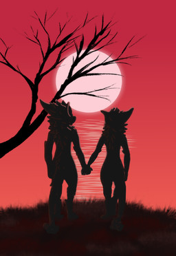 ambiguous_gender anthro duo fur grass hand_holding looking_into_the_distance nude plant sea silhouette standing sun sunset tree water luminouslux mythology lux_(luminouslux) dragon furred_dragon furred_scalie mythological_creature mythological_scalie nardoragon scalie 2025 digital_drawing_(artwork) digital_media_(artwork)
